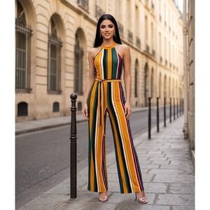 Uptown USA Lavish Couture Striped Halter Neck Wide Leg Jumpsuit Yellow Green M